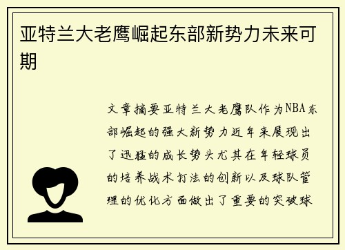 亚特兰大老鹰崛起东部新势力未来可期